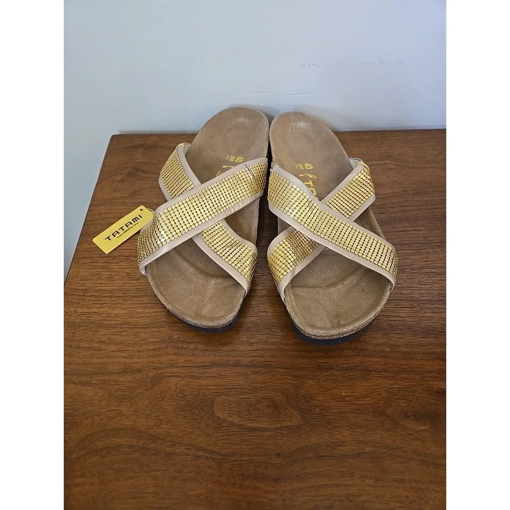 Tatami Birkenstock Sandals Womens 40 Narrow Gold Leather Slide Shoes 9